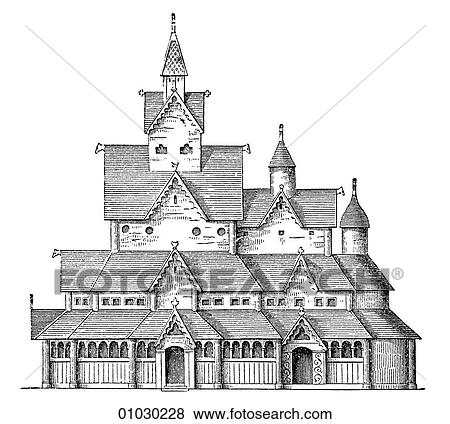 Stock Illustration - Architecture - Germany - line art (p3) Elevation Illustration Romanesque Church at Hitterdal. Romanesque - a style of architecture prevalent in Europe from the 10th to early 13th century characterized by massive vaulting and round arches.. Fotosearch