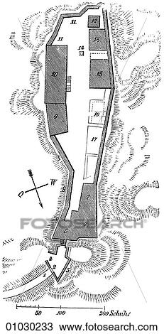 Architecture - Germany - line art Site Plan Romanesque The Wartburg c. 1200, a legendary castle overlooking the town of Eisenach, Germany. The Palatine Elector Frederick III gave refuge to Martin Luther in the Wartburg from May 1521 to March 1522, and L View Large Illustration Drawing - Architecture - Germany - line art Site Plan Romanesque The Wartburg c. 1200, a legendary castle overlooking the town of Eisenach, Germany. The Palatine Elector Frederick III gave refuge to Martin Luther in the Wartburg from May 1521 to March 1522, and L. Fotosearch