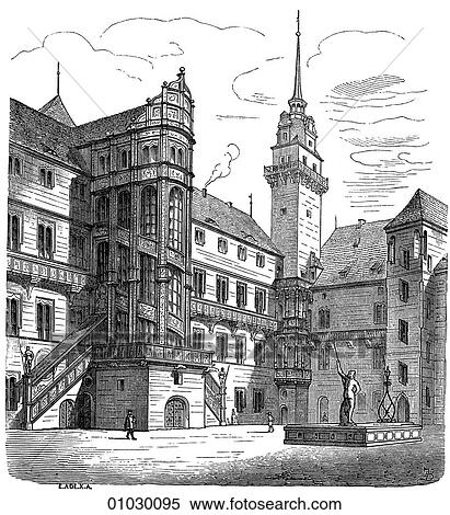 Stock Illustration - Architecture - Germany - line art Perspective Illustration Late Gothic Eastern Wing of Hertenfels Castle at Torgau, built 1532-1536. Torgau lies on the River Elbe in Saxony. A memorial near the castle commemorates the first meeting of Soviet and U. S. tr. Fotosearch