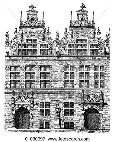 Stock Illustration - Architecture - Germany - line art Elevation Northern Renaissance The Arsenal at Dantzic. Rear Fa_ade. Built 1605. The Renaissance -- the revival of arts and literature under the influence of classical (Greek & Roman) models in the 14th - 16th centuries.. Fotosearch