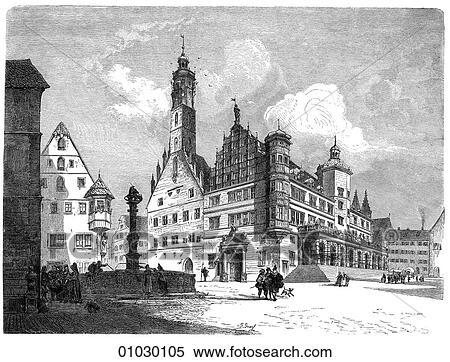 Stock Illustration - Architecture - Germany - line art Perspective Illustration Northern Renaissance Marketplace and Town-House (commenced 1572) at Rothenburg on the Tauber. In the years during which these buildings were constructed, Caravaggio was born and work began on th. Fotosearch