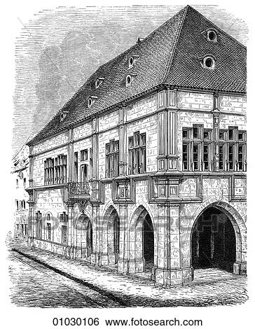 Stock Illustration - Architecture - Germany - line art Perspective Illustration Northern Renaissance Town-House at Ensisheim. Built 1535. The Renaissance -- the revival of arts and literature under the influence of classical (Greek & Roman) models in the 14th - 16th centurie. Fotosearch