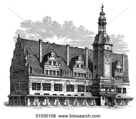 Stock Illustration - Architecture - Germany - line art Perspective Illustration Northern Renaissance Town-House at Leipzig, built 1556 by Hieronymus Lotter. The Renaissance -- the revival of arts and literature under the influence of classical (Greek & Roman) models in the. Fotosearch