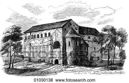 Stock Illustration - Architecture - Germany - line art Perspective Illustration Northern Romanesque The Basilica at Steinbach, built by Eginhart c. 815. This building was completed the year after Charlemagne died. He was the first ruler to unite what is now western Europe. A. Fotosearch