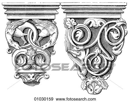 Architecture - Germany - line art Detail Romanesque Romanesque Corbels. Late Period. Church at Gelnhausen. A corbel is a bracket or beam that is laid deeply into the wall to provide support and usually projects beyond the wall. A row of corbels is known View Large Illustration Stock Illustration - Architecture - Germany - line art Detail Romanesque Romanesque Corbels. Late Period. Church at Gelnhausen. A corbel is a bracket or beam that is laid deeply into the wall to provide support and usually projects beyond the wall. A row of corbels is known. Fotosearch