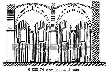 Stock Illustration - Architecture - Germany - line art Section Romanesque A Hall-Church, or Church with Aisles and Nave of equal height. St. Servatius at Munster. Nave comes from the Latin word "navus" meaning ship. When inverted, the nave resembles hull of a ship. Roman. Fotosearch