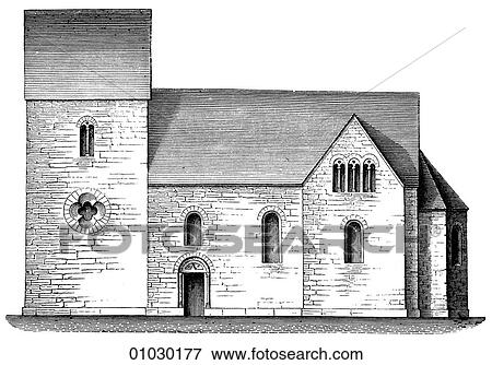 Stock Illustration - Architecture - Germany - line art Elevation Romanesque/Norman A very early Romanesque or "Norman" church at Idensen Romanesque - a style of architecture prevalent in Europe from the 10th to early 13th century characterized by massive vaulting and roun. Fotosearch