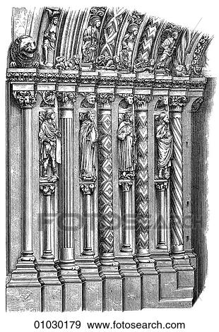 Stock Illustration - Architecture - Germany - line art Detail Romanesque Part of the "Golden Portal" of the Cathedral at Freiberg. This doorway was part of an earlier church c. 1250 that was incorporated into the cathedral c. 1484-1501. The cathedral was built during the p. Fotosearch