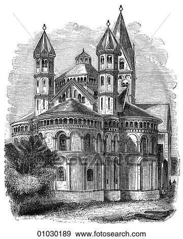 Architecture - Germany - line art Perspective Illustration Romanesque The Apostles` Church, Cologne. An excellent example of the Romanesque vaulted construction c. 1219. Romanesque - a style of architecture prevalent in Europe from the 10th to early 13t View Large Illustration Stock Illustration - Architecture - Germany - line art Perspective Illustration Romanesque The Apostles` Church, Cologne. An excellent example of the Romanesque vaulted construction c. 1219. Romanesque - a style of architecture prevalent in Europe from the 10th to early 13t. Fotosearch