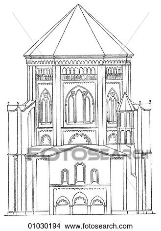 Stock Illustration - Architecture - Germany - line art Elevation Romanesque Western Elevation of St. Gereon at Cologne built c. 380. This church was constructed just 67 years after Constantine, the last Roman Emperor converted to Christianity. Like many other churches of th. Fotosearch