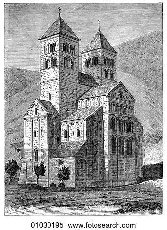 Stock Illustration - Architecture - Germany - line art Perspective Illustration Romanesque Church at Murbach c. 1139 Romanesque - a style of architecture prevalent in Europe from the 10th to early 13th century characterized by massive vaulting and round arches. Middle Ages. Fotosearch