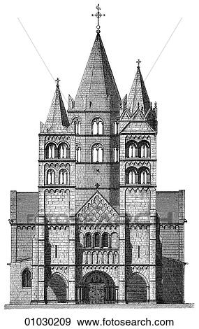 Stock Illustration - Architecture - Germany - line art Elevation Romanesque Church at Gebweiler c. 1182. This church was completed in the year St. Francis of Assissi was born. Romanesque - a style of architecture prevalent in Europe from the 10th to early 13th century charac. Fotosearch