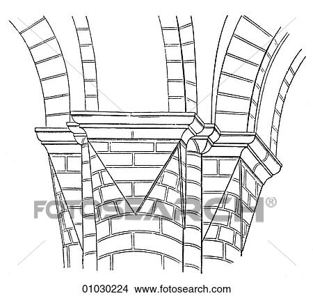 Stock Illustration - Architecture - Germany - line art Detail Romanesque Capital from Ratzeburg Romanesque - a style of architecture prevalent in Europe from the 10th to early 13th century characterized by massive vaulting and round arches.. Fotosearch