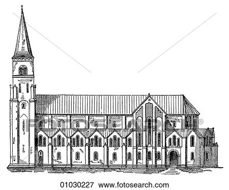 Architecture - Germany - line art Elevation Illustration Romanesque Cathedral Church at Roeskild. Romanesque - a style of architecture prevalent in Europe from the 10th to early 13th century characterized by massive vaulting and round arches. A cathedr View Large Illustration Stock Illustration - Architecture - Germany - line art Elevation Illustration Romanesque Cathedral Church at Roeskild. Romanesque - a style of architecture prevalent in Europe from the 10th to early 13th century characterized by massive vaulting and round arches. A cathedr. Fotosearch