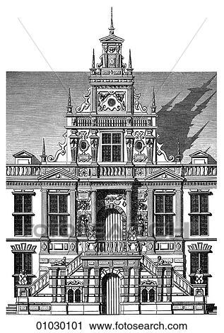 Architecture - Holland - line art Perspective Elevation Part of the Town-House at Leyden. Built 1599. View Large Illustration Clip Art - Architecture - Holland - line art Perspective Elevation Part of the Town-House at Leyden. Built 1599.. Fotosearch