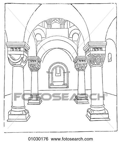 Stock Illustration - Architecture - Hungary - line art (aa3) Perspective Illustration Romanesque Upper Chapel of the Castle at Eger. Eger is famous for it`s full-bodied Hungarian wine. The town was occupied by invading Turkish armies in the 16th and part of the 17th centuri. Fotosearch
