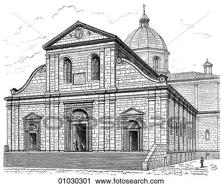 Clip Art - Architecture - Italy - line art Perspective Illustration Renaissance. Cathedral at Turin. Built by Baccio Pintelli towards the end of the 15th Century. The Renaissance -- the revival of arts and literature under the influence of classical (Greek & Roman. Fotosearch