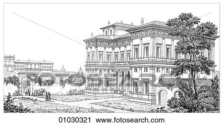 Architecture - Italy - line art Perspective Illustration Renaissance The Villa Farnesina c. 1509 at Rome, by Baldassarre (Tommasso) Peruzzi, (1481-1536). The artist and architect was a contemporary of Raphael and Bramante and this was his first architect View Large Illustration Clip Art - Architecture - Italy - line art Perspective Illustration Renaissance The Villa Farnesina c. 1509 at Rome, by Baldassarre (Tommasso) Peruzzi, (1481-1536). The artist and architect was a contemporary of Raphael and Bramante and this was his first architect. Fotosearch