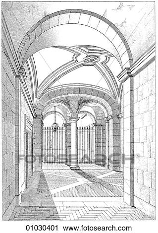 Clip Art - Architecture - Italy - line art Perspective Illustration Renaissance The vestibule of a house on the Via dell` Angelo.. Fotosearch