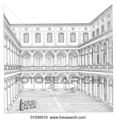 Architecture - Italy - line art Perspective Illustration Renaissance Courtyard of the Collegio Della Sapienza. "Sapienza" means "wisdom". Under Pope Leo X (1513-21) this institution, founded in 1303 was re-organized and grew into the present-day, View Large Illustration Clipart - Architecture - Italy - line art Perspective Illustration Renaissance Courtyard of the Collegio Della Sapienza. "Sapienza" means "wisdom". Under Pope Leo X (1513-21) this institution, founded in 1303 was re-organized and grew into the present-day,. Fotosearch