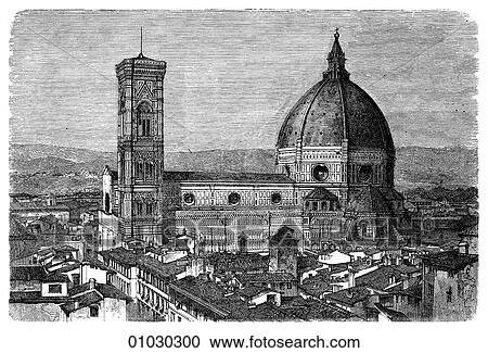 Clipart - Architecture - Italy - line art Perspective Illustration Gothic/Renaissance The Cathedral at Florence. Work began on this building in 1296. The Campanile (bell tower) on the left was designed by Giotto (1266-1337) and begun in 1334. The dome (a revolut. Fotosearch