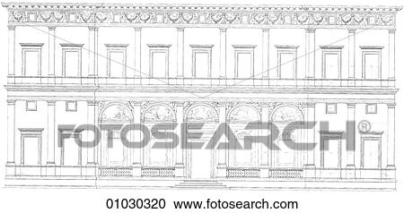 Architecture - Italy - line art Elevation Renaissance The Villa Farnesina c. 1509 at Rome, by Baldassarre (Tommasso) Peruzzi, (1481-1536). The artist and architect was a contemporary of Raphael and Bramante and this was his first architectural commission View Large Illustration Clipart - Architecture - Italy - line art Elevation Renaissance The Villa Farnesina c. 1509 at Rome, by Baldassarre (Tommasso) Peruzzi, (1481-1536). The artist and architect was a contemporary of Raphael and Bramante and this was his first architectural commission. Fotosearch