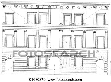 Architecture - Italy - line art Elevation Renaissance A Palazzo near the Piazza Della Pace at Rome. The Renaissance -- the revival of arts and literature under the influence of classical (Greek & Roman) models in the 14th - 16th centuries. View Large Illustration Clipart - Architecture - Italy - line art Elevation Renaissance A Palazzo near the Piazza Della Pace at Rome. The Renaissance -- the revival of arts and literature under the influence of classical (Greek & Roman) models in the 14th - 16th centuries.. Fotosearch