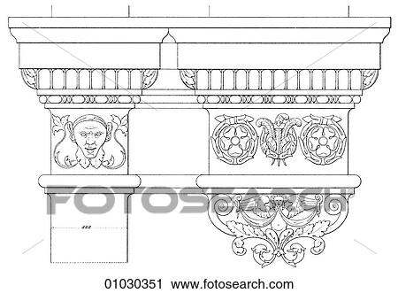 Clip Art - Architecture - Italy - line art Detail Renaissance Capitals from pilasters in the Palazzo Lante, Piazza Della Caprettari. A pilaster is a rectangular, decorative column that projects beyond the surface of the wall. Generally it serves no structural purp. Fotosearch