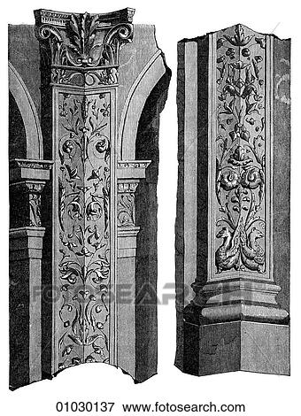 Architecture - Italy - line art Detail Renaissance Ornamented Pilaster by Donato Bramante (1444-1514), in Santa Satiro at Milan. A Pilaster is a rectangular, decorative column that projects beyond the surface of the wall. Generally it serves no structu View Large Illustration Stock Illustration - Architecture - Italy - line art Detail Renaissance Ornamented Pilaster by Donato Bramante (1444-1514), in Santa Satiro at Milan. A Pilaster is a rectangular, decorative column that projects beyond the surface of the wall. Generally it serves no structu. Fotosearch
