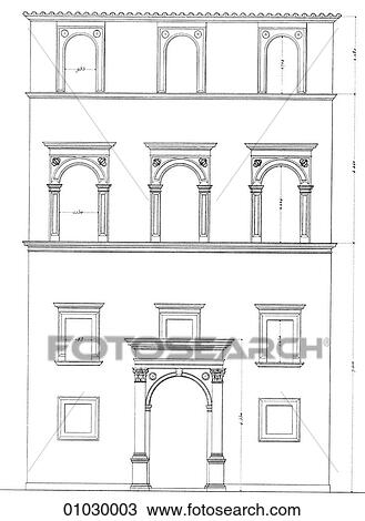 Drawing - Architecture - Italy - line art Elevation Renaissance An early Renaissance house. The Renaissance -- the revival of arts and literature under the influence of classical (Greek & Roman) models in the 14th - 16th centuries.. Fotosearch