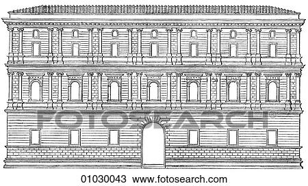 Drawing - Architecture - Italy - line art Elevation Renaissance Palazzo Giraud at Rome, designed by Donato Bramante (1444-1514). The architect was contemporary and friend of Andrea del Verrocchio and also of Leonardo da Vinci, with whom he worked to solve archite. Fotosearch