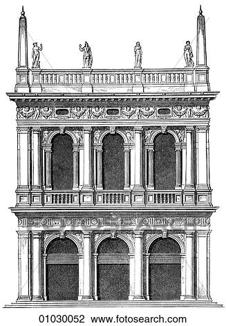 Architecture - Italy - line art Perspective Illustration Renaissance. Facade of the Library of San Marco at Venice by Jacopo Sansovino (1486-1570). The architect`s original name was Jacopo Tatti. He adopted the name of his master Andrea Sansovino in wh View Large Illustration Drawing - Architecture - Italy - line art Perspective Illustration Renaissance. Facade of the Library of San Marco at Venice by Jacopo Sansovino (1486-1570). The architect`s original name was Jacopo Tatti. He adopted the name of his master Andrea Sansovino in wh. Fotosearch
