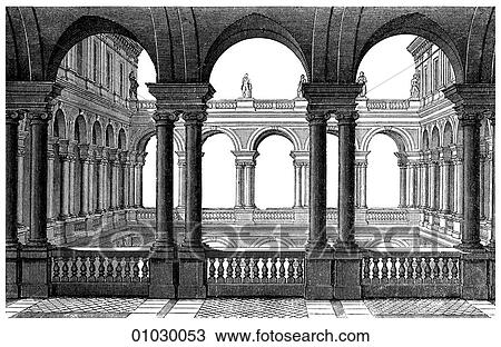 Architecture - Italy - line art Perspective Illustration Renaissance. Court of the Palazzo Borghese at Rome. Built by Martino Lunghi towards the end of the 16th century. Domenico Beccafumi (1486-1551), one of the painters who decorated this building was View Large Illustration Drawing - Architecture - Italy - line art Perspective Illustration Renaissance. Court of the Palazzo Borghese at Rome. Built by Martino Lunghi towards the end of the 16th century. Domenico Beccafumi (1486-1551), one of the painters who decorated this building was. Fotosearch