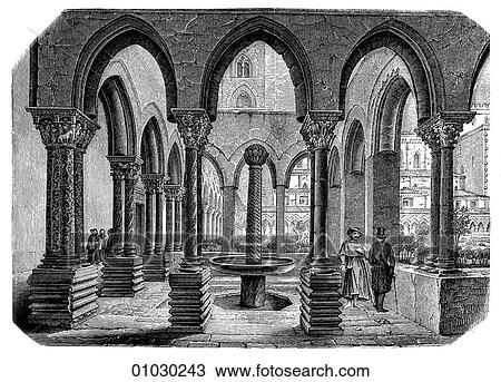 Drawing - Architecture - Italy - line art Perspective Illustration Romanesque Cloisters of the Cathedral at Monreale in northwestern Sicily c. 1174-1189. This church is one of the most beautiful in Italy, combining as it does Norman, Byzantine, Italian and Isla. Fotosearch
