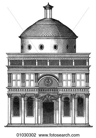 Architecture - Italy - line art Elevation Gothic/Renaissance Capella de` Pazzi at Florence, by Filippo Brunellesco, (1377-1446). The chapel of the Pazzi family, enemies of the Medici and assassins of Guiliano de Medici. Brunellesco was one of the pionee View Large Illustration Drawing - Architecture - Italy - line art Elevation Gothic/Renaissance Capella de` Pazzi at Florence, by Filippo Brunellesco, (1377-1446). The chapel of the Pazzi family, enemies of the Medici and assassins of Guiliano de Medici. Brunellesco was one of the pionee. Fotosearch