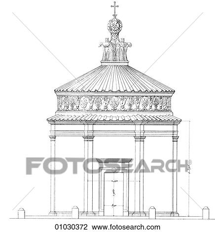 Architecture - Italy - line art Elevation Renaissance The Chapelle Santa Giovanni In Oleo. The Renaissance -- the revival of arts and literature under the influence of classical (Greek & Roman) models in the 14th - 16th centuries. [Close-up of the detail View Large Illustration Drawing - Architecture - Italy - line art Elevation Renaissance The Chapelle Santa Giovanni In Oleo. The Renaissance -- the revival of arts and literature under the influence of classical (Greek & Roman) models in the 14th - 16th centuries. [Close-up of the detail. Fotosearch