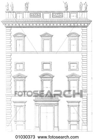 Architecture - Italy - line art Elevation Mannerist/Renaissance The Palazzo Muti Papazzurri Piazza Di SS. Apostoli Mannerism was an Italian style that grew out of the high Renaissance c. 1520 and lasted until the stirrings of the Baroque period c. 1590. View Large Illustration Drawing - Architecture - Italy - line art Elevation Mannerist/Renaissance The Palazzo Muti Papazzurri Piazza Di SS. Apostoli Mannerism was an Italian style that grew out of the high Renaissance c. 1520 and lasted until the stirrings of the Baroque period c. 1590.. Fotosearch