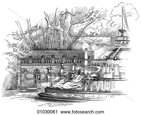 Clip Art - Architecture - Italy - line art (h3) Perspective Illustration Renaissance Fountain of the Villa Lante at Bagnaia. This home and its gardens were constructed c. 1564 and is known as a "parterre" garden, with paths between the beds. In the years during. Fotosearch