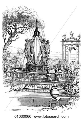 Clipart - Architecture - Italy - line art (h3) Perspective Illustration Renaissance Fountain of the Villa Lante at Bagnaia. This home and its gardens were constructed c. 1564 and is known as a "parterre" garden, with paths between the beds. In the years during. Fotosearch