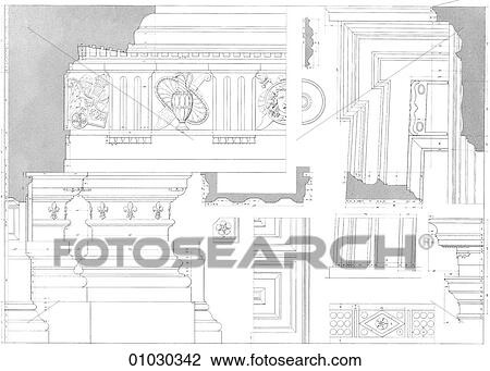 Drawing - Architecture - Italy - line art (ii3) Detail Renaissance Details from the first floor courtyard of the Palazzo Farnese, Rome (1517-1589) by Antonio da Sangallo (1483-1546), finished after his death in 1546 by Michelangelo at the request of Pope Paul II,. Fotosearch