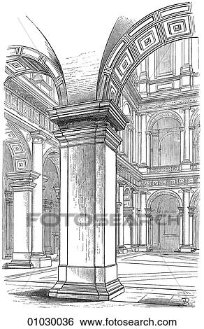 Stock Illustration - Architecture - Italy - line art (ii3) Perspective Illustration Renaissance Courtyard (cortile) of the Palazzo Farnese, Rome (1517-1589) by Antonio da Sangallo (1483-1546), finished after his death in 1546 by Michelangelo at the request of Pope Paul II,. Fotosearch