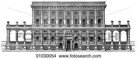 Stock Illustration - Architecture - Italy - line art (j3) Elevation Illustration Renaissance Palazzo Tursi Doria at Genoa by Rocco Lurago, c. 1580 The Renaissance -- the revival of arts and literature under the influence of classical (Greek & Roman) models in the 14th - 16th. Fotosearch