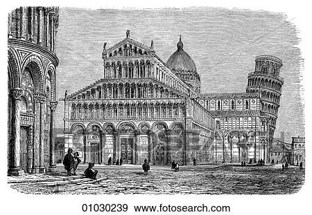 Stock Illustration - Architecture - Italy - line art (m3) Perspective Illustration The Cathedral at Pisa, built by Busketus and Rainaldus. Begun 1063. The leaning tower can be seen in the background. l - r: Baptistery, Cathedral, Bell-Tower (Campanile) Romanesque - a style. Fotosearch