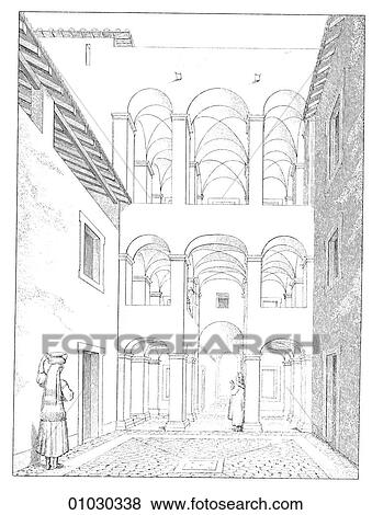 Stock Illustration - Architecture - Italy - line art (mm3) Perspective Illustration Renaissance House at the foot of the Tarpesian Rock at Rome. The Renaissance -- the revival of arts and literature under the influence of classical (Greek & Roman) models in the 14th - 16th c. Fotosearch