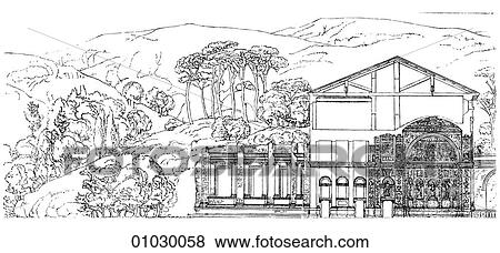 Stock Illustration - Architecture - Italy - line art (n3) Perspective Illustration Renaissance Villa Madama near Rome. Built by Giulio Romano about 1520. Romano (1492/99-1546) is considered an heir to Raphael and one of the first Mannerist artists in Italy. Mannerism was an. Fotosearch