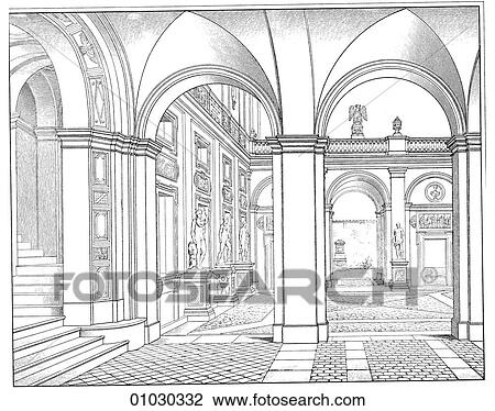 Drawing - Architecture - Italy - line art (o3) Perspective Illustration Baroque A view from the entrance through to the courtyard of the Palazzo Mattei Di Giove by Carlo Maderno (1556-1629). The architect worked on St. Peter`s in Rome, changing Michelangelo`s ori. Fotosearch