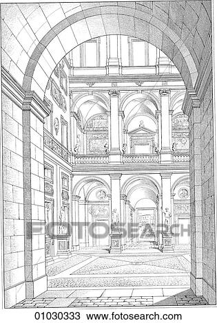 Drawing - Architecture - Italy - line art (o3) Perspective Illustration Baroque A view into the courtyard of the Palazzo Mattei Di Giove by Carlo Maderno (1556-1629). The architect worked on St. Peter`s in Rome, changing Michelangelo`s original design. The Baroqu. Fotosearch