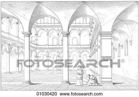 Architecture - Italy - line art (q3) Perspective Illustration Renaissance View through to the cortile or interior courtyard of the Palazzo Della Cancellaria (1486) by Donato Bramante (1444-1514). The architect was contemporary and friend of Andrea del View Large Illustration Clipart - Architecture - Italy - line art (q3) Perspective Illustration Renaissance View through to the cortile or interior courtyard of the Palazzo Della Cancellaria (1486) by Donato Bramante (1444-1514). The architect was contemporary and friend of Andrea del. Fotosearch