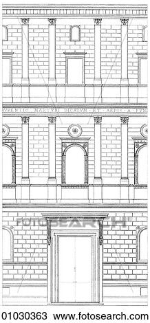 Drawing - Architecture - Italy - line art (q3) Elevation Renaissance The Palazzo Della Cancellaria, Rome (1486) by Donato Bramante (1444-1514). The architect was contemporary and friend of Andrea del Verrocchio and also of Leonardo da Vinci, with whom he worked. Fotosearch