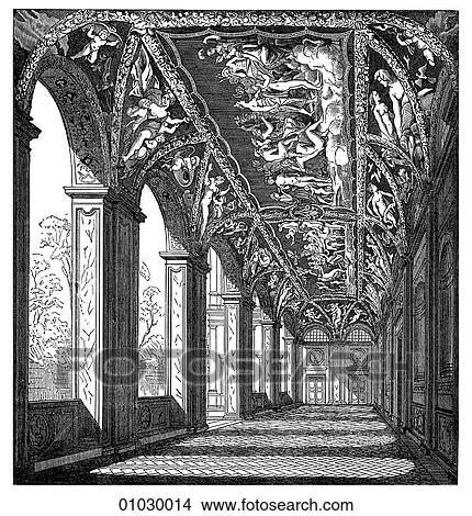 Stock Illustration - Architecture - Italy - line art Perspective Illustration Renaissance The loggia of the Villa Farnesina c. 1509 at Rome, by Baldassarre (Tommasso) Peruzzi, (1481-1536). The artist and architect was a contemporary of Raphael and Bramante and this was his. Fotosearch